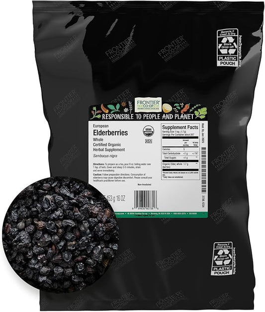 Frontier Co-op Organic Dried Elderberries, 1lb Bulk Bag, European Whole | Kosher and Non-GMO Organic Elderberry Berries Dried, for Tea, Immune Support