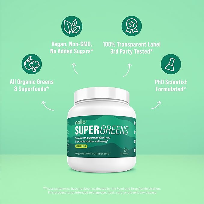 Supergreens - Premium Superfood Greens Drink Mix with Chlorella, Moringa, Spinach, & Broccoli + Digestive Enzymes - Nutrient-Packed Greens Powder Superfood for Wellness(30 SRV)