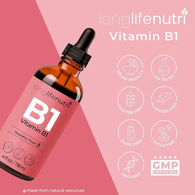 Vitamin B1 Liquid Drops - Thiamine Mononitrate Organic Supplement for Energy and Nerve Health, Fast Absorption, 4 FL OZ, 5-Month Supply, Lab Tested, Made in USA