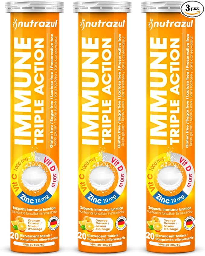 nutrazul Immune Triple Action Effervescent Tablet-1000 mg Vitamin C, Vitamin D, Zinc I Orange 20's (Pack of 3) I Gluten Free, Sugar Free, Lactose Free & Preservative Free I Maintains Immune Function