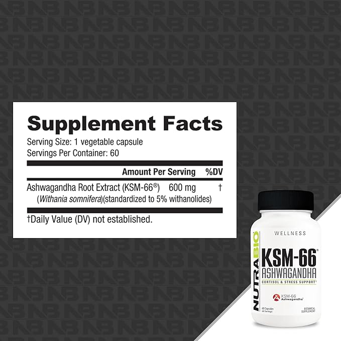 NutraBio Ashwagandha KSM-66 Herbal Supplement for Better Overall Well-Being- Ashwagandha Supplement- 600mg - 60 Vegetable Capsules
