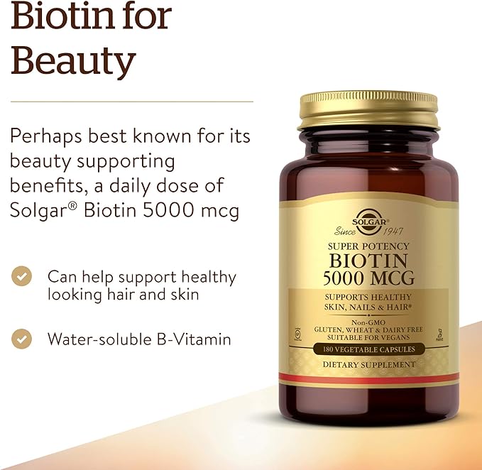 Solgar Biotin 5000 mcg - Supports Healthy Skin, Nails & Hair - Supports Energy Production & Metabolism - Vitamin B - Non-GMO, Vegan, Gluten Free - 180 Count