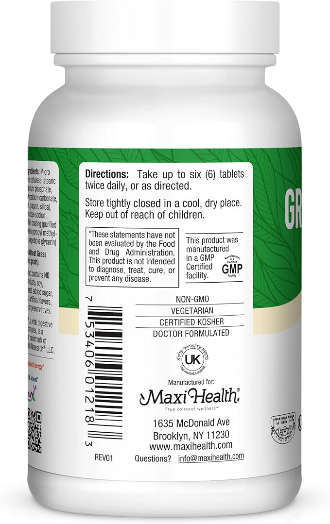 Maxi Health Green Vitality - Green Superfood - Energy and Mood Formula - 180 Tablets - Kosher