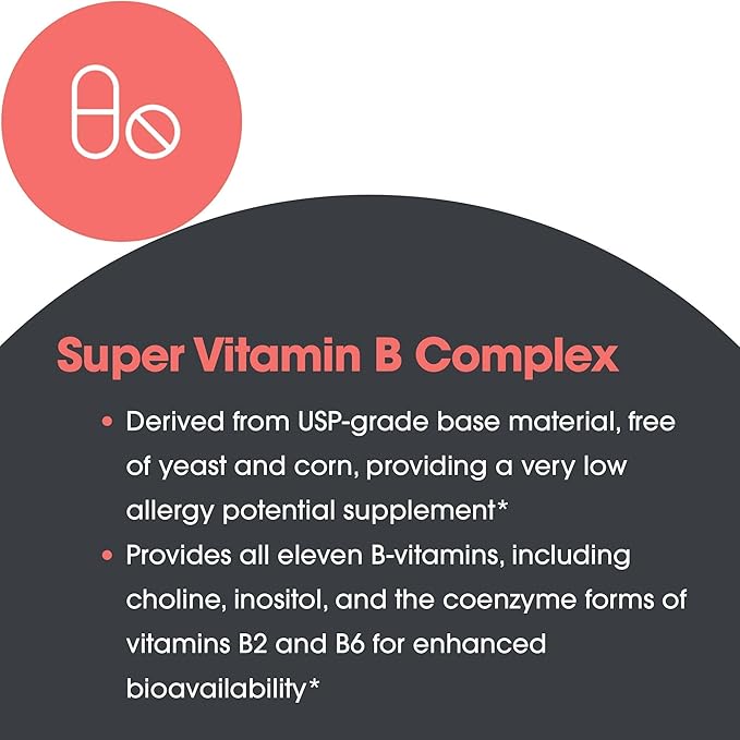 Allergy Research Group Super Vitamin B Complex - Vitamin B for Men & Women, Vitamin B Supplement, Vitamin B12, Vitamin B6, Vegetarian Capsules, Corn-Free, Yeast-Free - 120 Count