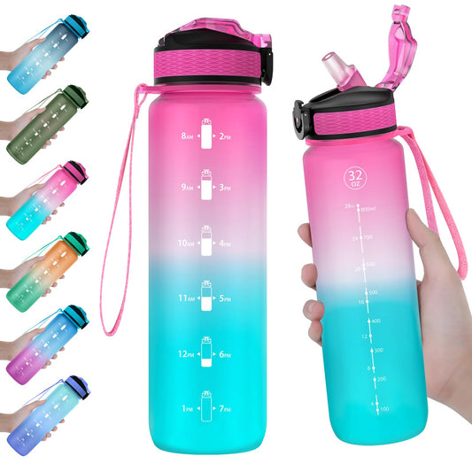 EYQ 32 oz Water Bottle with Time Marker, Carry Strap, Leak-Proof Tritan BPA-Free, Ensure You Drink Enough Water for Fitness, Gym, Camping, Outdoor Sports (Fuschia/Green Gradient)