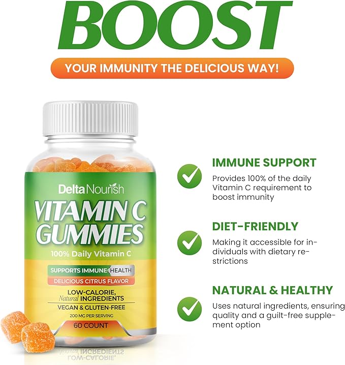 Vitamin C Gummies - Immune Support Supplement - 200mg Vitamin C Per Serving - Non-GMO, Gluten-Free, Natural Citrus Flavor - Antioxidant Support - 60 Gummies (5)
