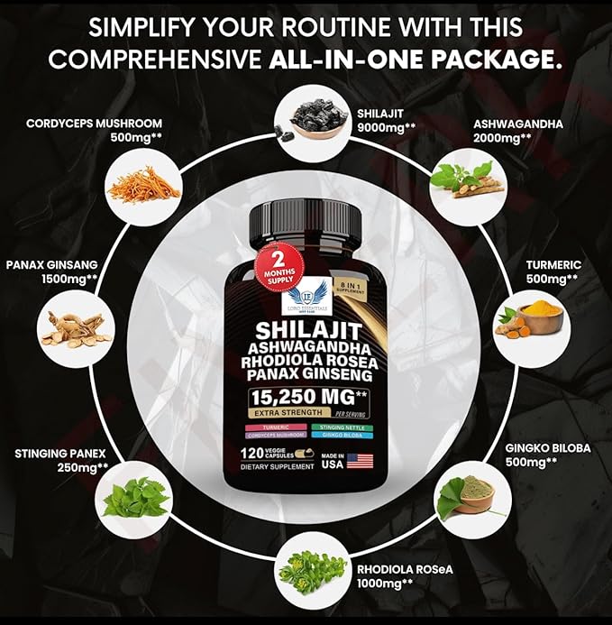 Sea Moss + Shilajit Bundle (2 Pack) – 120 Capsules Eac Sea Moss 7000mg Black Seed Oil 4000mg Ashwagandha 2000mg Ginger & Shilajit 9000mg Rhodiola Rosea 1000mg Panax Ginseng 1500mg