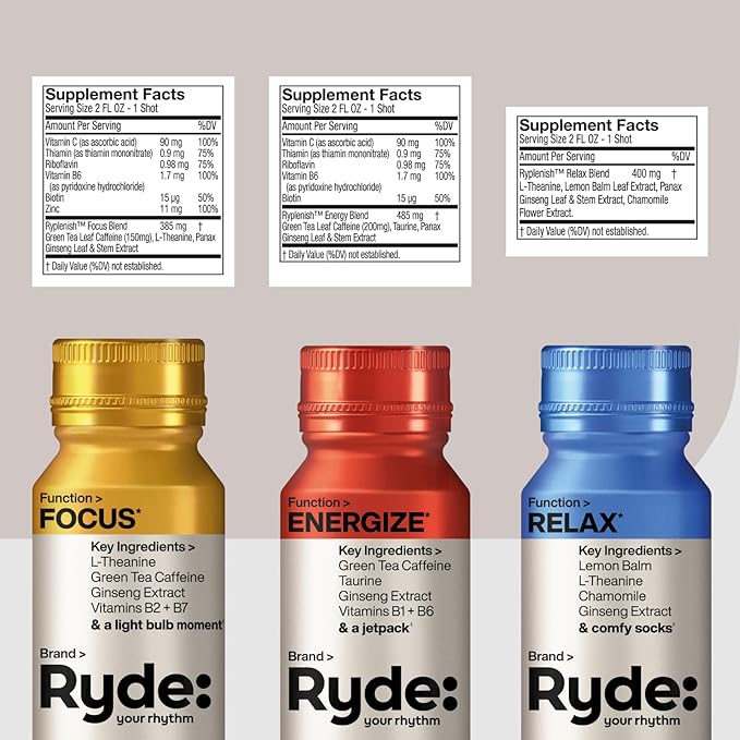 Ryde: Discovery Pack | Energize, Focus & Relax Shots | Green Tea Caffeine, Taurine, Ginseng, B Vitamins, L-Theanine, Lemon Balm, Chamomile | 0 Calories, 0 Sugar | Variety Pack – Try Them All (6 Pack)