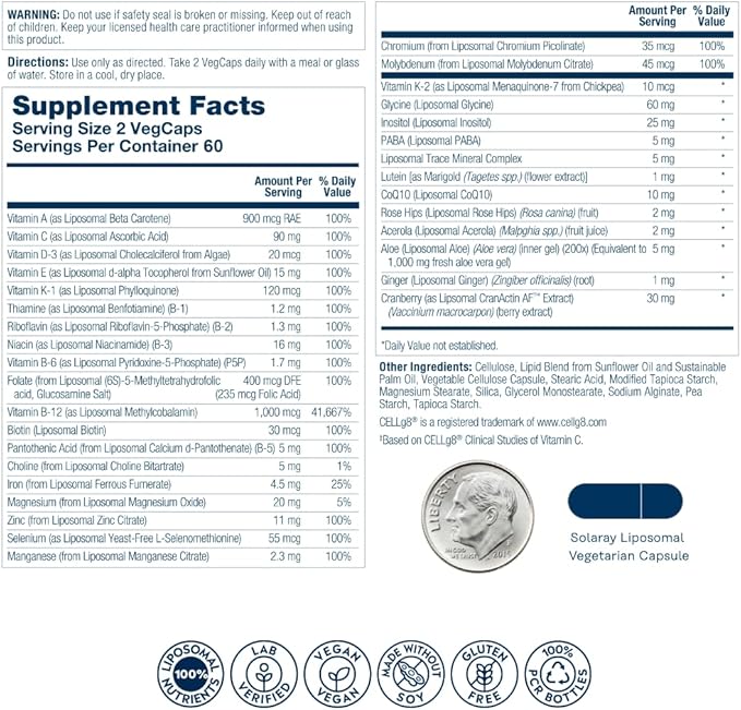 SOLARAY Liposomal Multivitamin for Women 50 Plus, Enhanced Absorption with Iron, Vitamin D, Vitamin C, B12, Biotin & More, Immune Support & Bone Health, Vegan, 60 Servings, 120 VegCaps