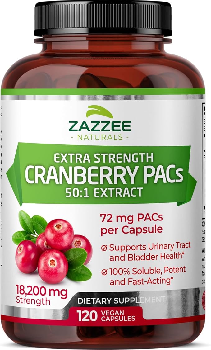 Zazzee Cranberry PACs, 72 mg PACs per Capsule, 2X Strength, 100% Soluble, 120 Vegan Capsules, 50:1 Extract, 18,200 mg Strength, Fast-Acting, Effective Urinary Tract UTI Support, Made in The USA