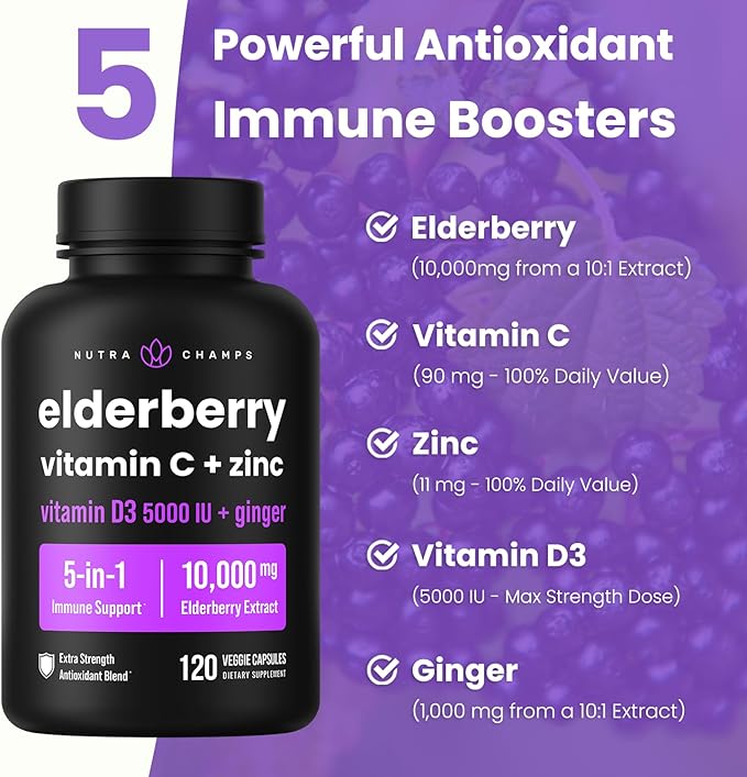 NutraChamps Elderberry Extract 120 Capsules, 10,000mg Sambucus Elderberry with Zinc and Vitamin C for Adults + Vitamin D3 5000 IU & Ginger, 5-in-1 Antioxidant Immune Support Supplement