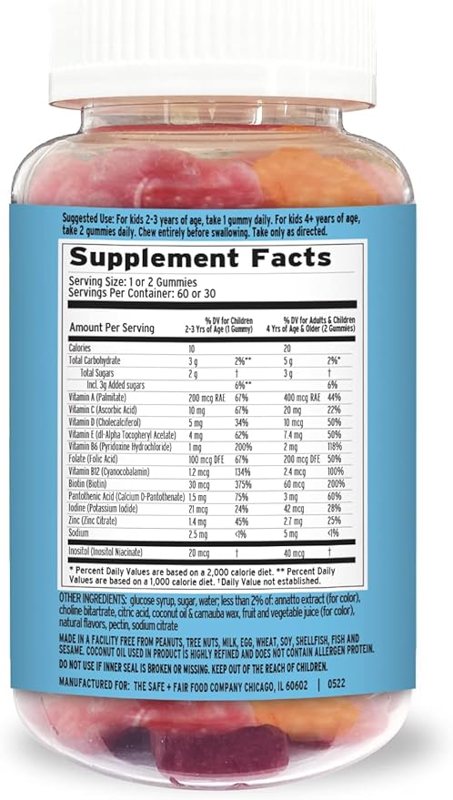 Safe + Fair Kids Multivitamin Gummies, Chewable Vitamins with Vitamin D and Vitamin A for Daily Nutrition, Assorted Flavors, 30 or 60 Servings