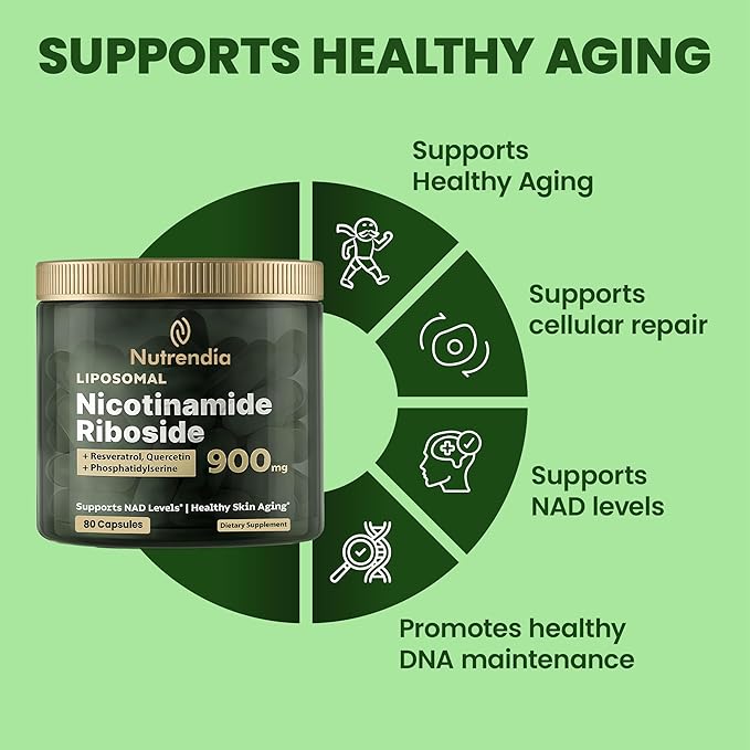 Nutrendia NAD Supplement – Liposomal Nicotinamide Riboside 900mg, Quercetin, Resveratrol, High Purity NMN, NAD+ Support for Energy, Focus & Wellness – 80 Capsules for Men & Women