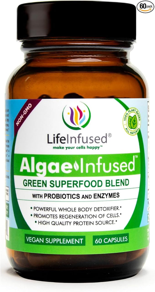 Life Infused Algae Infused - Premium Green Superfood Blend, Spirulina, Chlorella, Probiotics & Enzyme for More Energy, Digestion, Detox & Immune Support: 60 Caps
