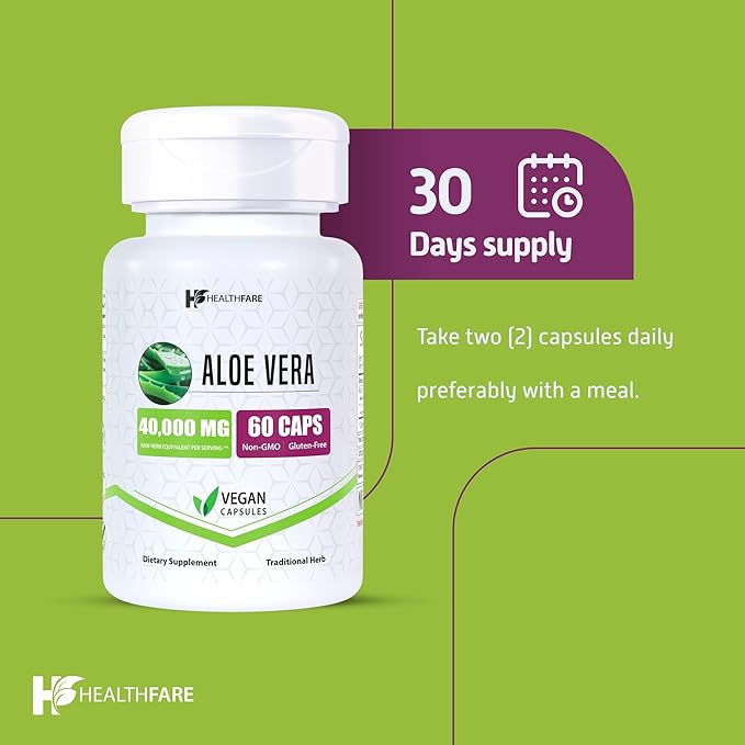 Aloe Vera Capsules Supplement, 40,000mg | 60 Veg Capsules | Non-GMO | Gluten-Free | Made in The USA