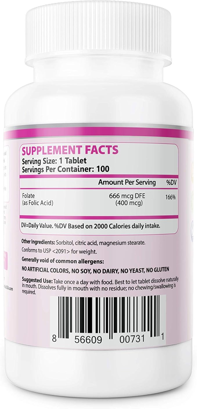 Folic Acid 400 mcg Buccal Lozenge Tablets – Slow-Dissolving for Fast Absorption, Prenatal & Neural Tube Support, Sugar-Free, 100 CT