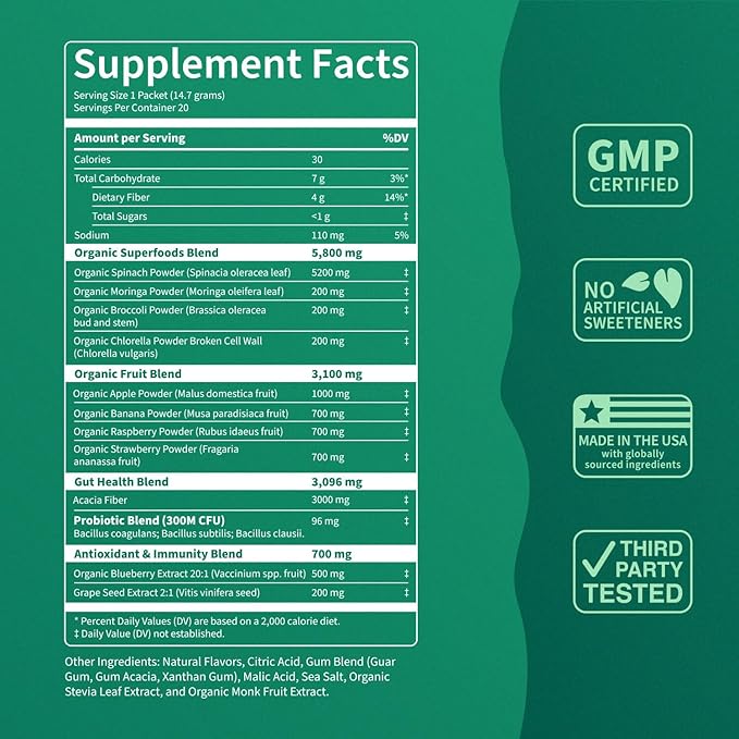Supergreens Premium Superfood Greens Drink Mix w/Chlorella, Moringa, Spinach & Broccoli + Digestive Enzymes & Probiotic Blend -Nutrient-Packed Powder Wellness (Orange 20 SRV, Travel Pack)