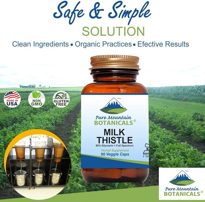 Pure Mountain Botanicals Milk Thistle Capsules - 90 Kosher Vegan Caps with Organic Milk Thistles and Potent Silymarin Extract