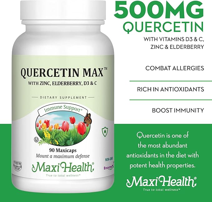 Maxi Health Quercetin 500mg with Zinc 30mg, Vitamin C 1000mg, Vitamin D 2500 IU, Elderberry 125mg - Vegetarian Health Supplement for Adults Kosher Certified - 90 Veggie Capsules