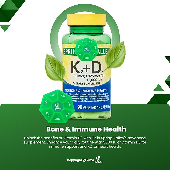 Vitamin K2 (90mcg) + D3 (125mcg) Vegetarian Capsules, 90 Count with Bundle Exclusive Vitamins & Minerals - A to Z - Better Ligth&Spring Guide + Weekly Pill Organizer (3 Items)