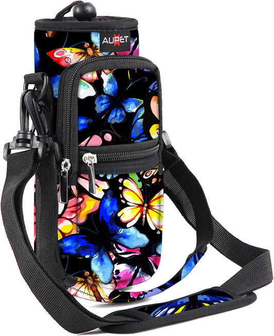 AUPET Water Bottle Sling Bag Sleeve Holder Carrier 25/32/40/64 oz,Insulated Crossbody Water Bottle Case Cover with Strap and Pockets for Men/Women Walking Hiking Camping (25oz, colorful butterfly)