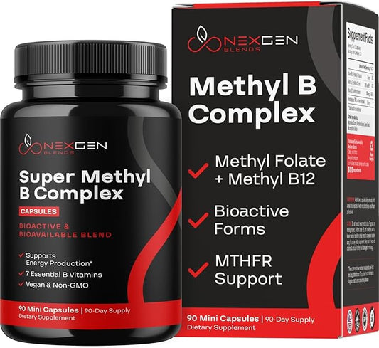 Methylated B Complex Vitamin Supplement - Bioactive Methyl B Complex with 5-MTHF Methyl Folate & B12 Methylcobalamin for Brain Heart Energy & Homocysteine Support - Super Vitamin B Complex - 90 Caps