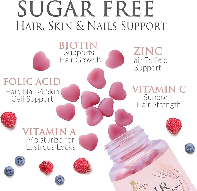 Sugar Free Hair Vitamins Gummies with Biotin 5000 mcg, Vitamin A, B12, C, D, E, Folic Acid, Supports Hair Growth Gummy, Vegetarian Friendly, Supports Strong Beautiful Hair and Nails - 60 Gummies