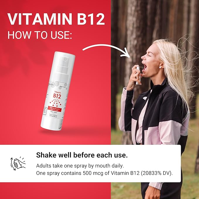 Vitamin B12 Spray 500 mcg (150 Servings) - Quick Absorption MHA Complex (Methylcobalamin, Hydroxycobalamin, Adenosylcobalamin) - Vegan, Non-GMO, Liquid B12 Supplement