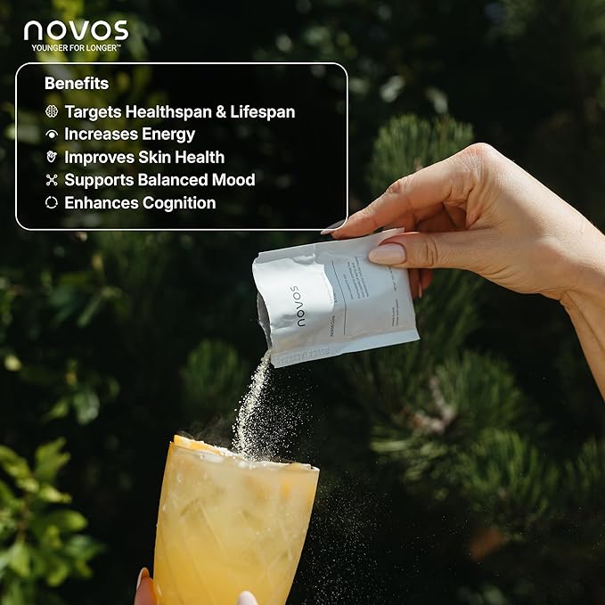 NOVOS Core Longevity Mix, Anti-Aging Supplement, Drink Powder Packet Orange Flavor - Skin Support, Energy, Mood Support, Sleep and Cognition Support - 30 Servings
