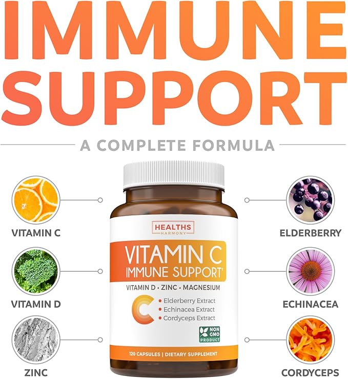 Vitamin C Immune Support Supplement - Immunity Boost Blend with Elderberry Vitamin C and Zinc for Daily & Seasonal Support - Immunity Supplement with Magnesium Zinc Vitamin D (2 Months Supply)