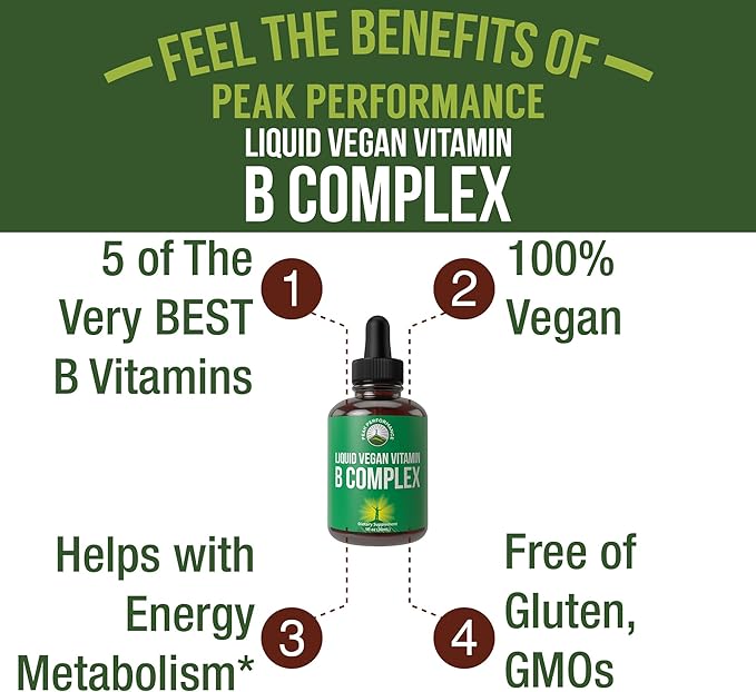 B Complex Liquid Drops Vegan Supplement. Best 5 B Vitamins with B3 Niacin, B6, B7 Biotin, B9 Folate, Methylcobalamin B12. B-Complex For Hair, Skin Nails, Energy. For Adults, Men, Women