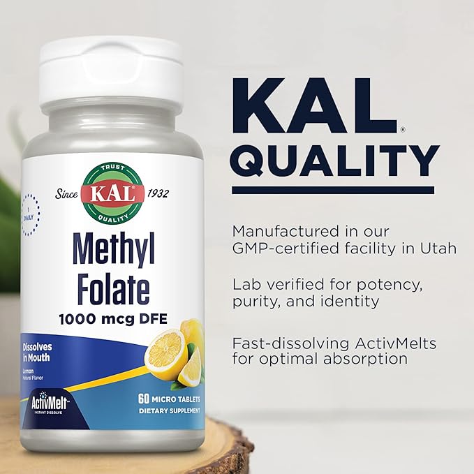 KAL Methyl Folate 1000 mcg, 5-MTHF Active Form, Folic Acid Supplement, Heart Health, Prenatal, Mood and Brain Support, Vegetarian, Natural Lemon ActivMelt, 60-Day Guarantee, 60 Serv, 60 Micro Tablets