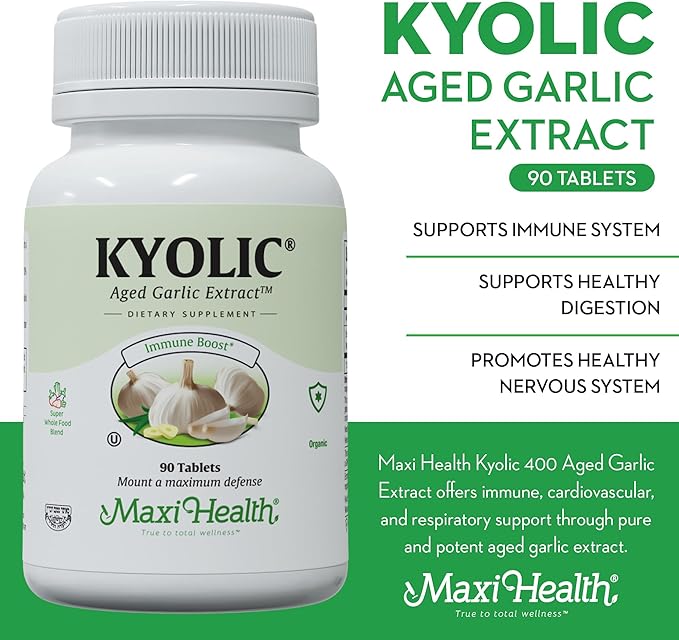 Maxi Health Kyolic Organic Garlic Supplement - Kosher Garlic Tablets with Kyolic Aged Garlic Extract for Immune Support - Vegetarian Garlic Pills (90 Count)