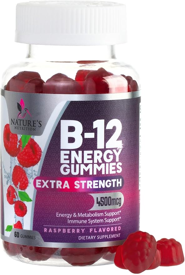 B-12 Vitamin Energy Gummies - 4500mcg Extra Strength B12 Gummy Chewables for Energy Metabolism & Immune Support - Dietary Supplement for Women, Men, & Kids - Non-GMO, Vegan, Berry Flavor - 60 Count