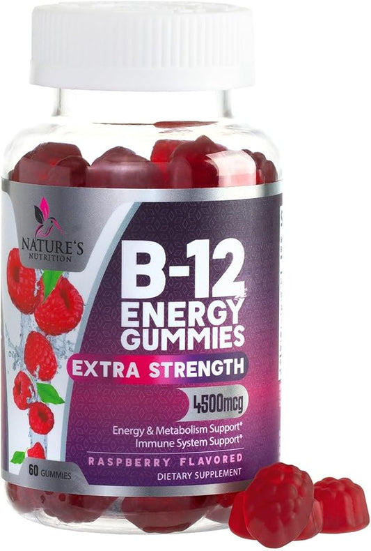 B-12 Vitamin Energy Gummies - 4500mcg Extra Strength B12 Gummy Chewables for Energy Metabolism & Immune Support - Dietary Supplement for Women, Men, & Kids - Non-GMO, Vegan, Berry Flavor - 60 Count