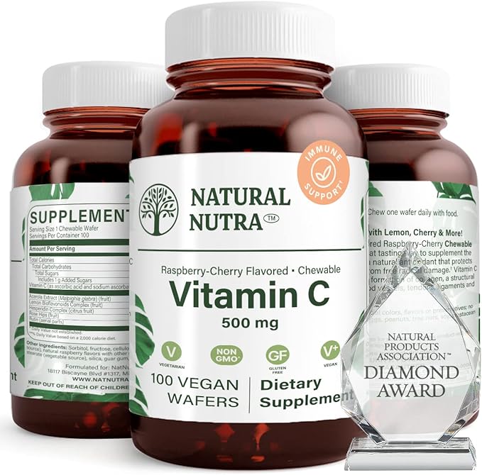 Natural Nutra Vitamin C Supplement for Kids and Adults, Immune Booster, Helps Supports Bone Health, Protect Skin and Heart Health, Improve Skin Texture, Vegetable Source, 500 mg, 100 Vegan Wafers
