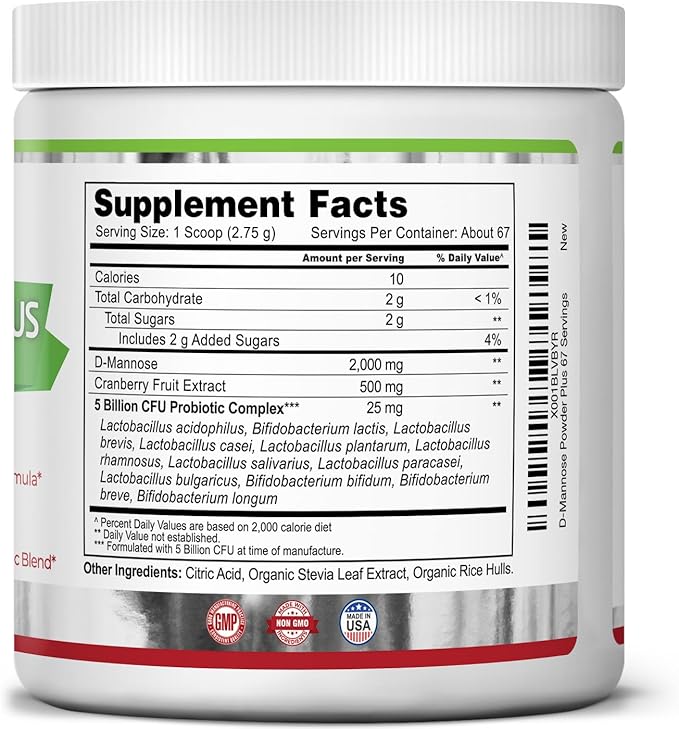 Zazzee D-Mannose Powder Plus, 2000 mg, 67 Servings, Potent & Fast-Acting, Plus 5 Billion CFU Probiotics and Pure Cranberry Juice Extract, Free Scoop, 6.5 Oz, Vegan, Gluten-Free, Non-GMO, All-Natural