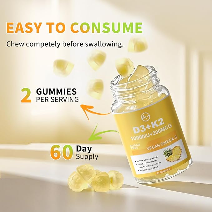 Vitamin D3 K2 Filled Gummies, Vitamin D3 10000IU, K2 (MK-7) 200mcg, Sugar Free K2 D3 Vitamin Supplement with Omega-3, Calcium, Magnesium, Zinc for Muscle, Bones & Immune Support, 2 Packs