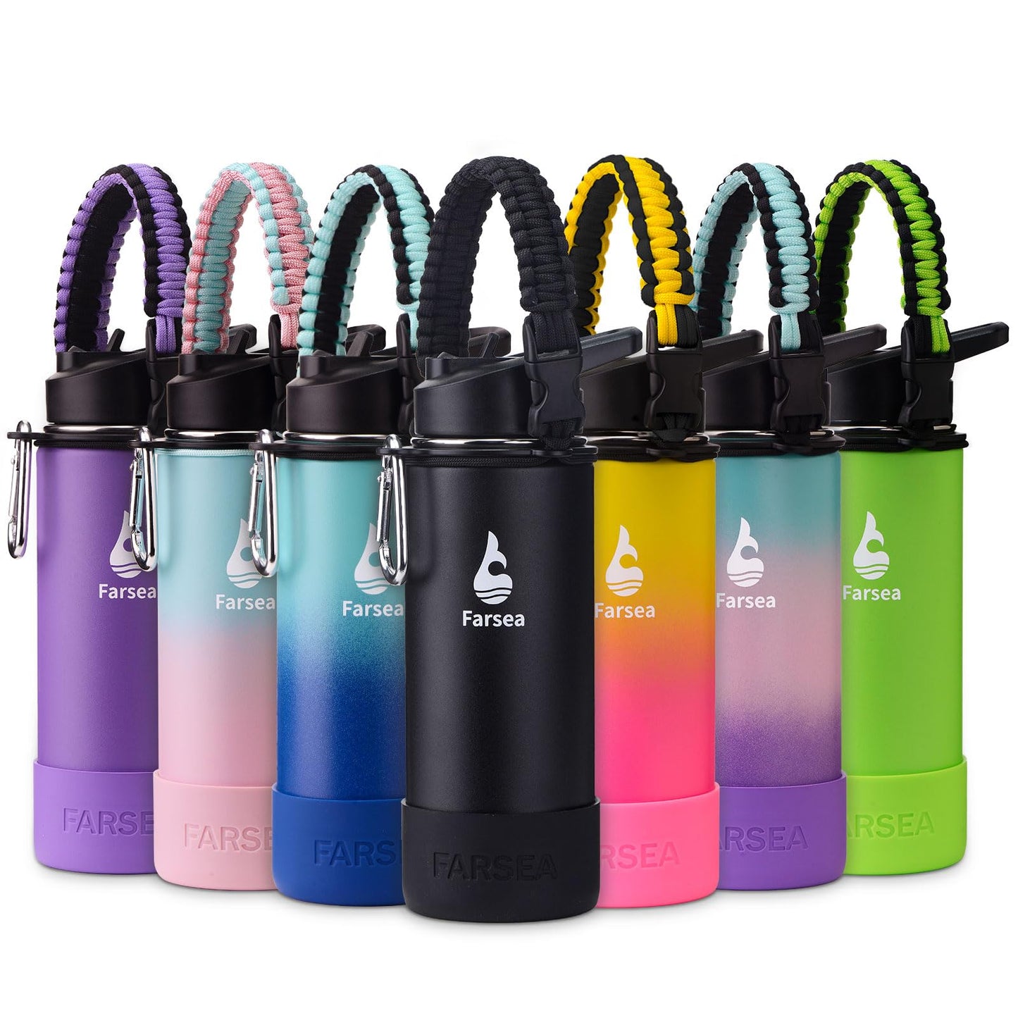 Farsea Insulated Water Bottle With Paracord Handle, Protective Boot and 2 Lids (Straw Lid & Spout Lid), Stainless Steel Water Bottle Wide Mouth, Double Wall Sweat-Proof BPA-Free, 18 oz