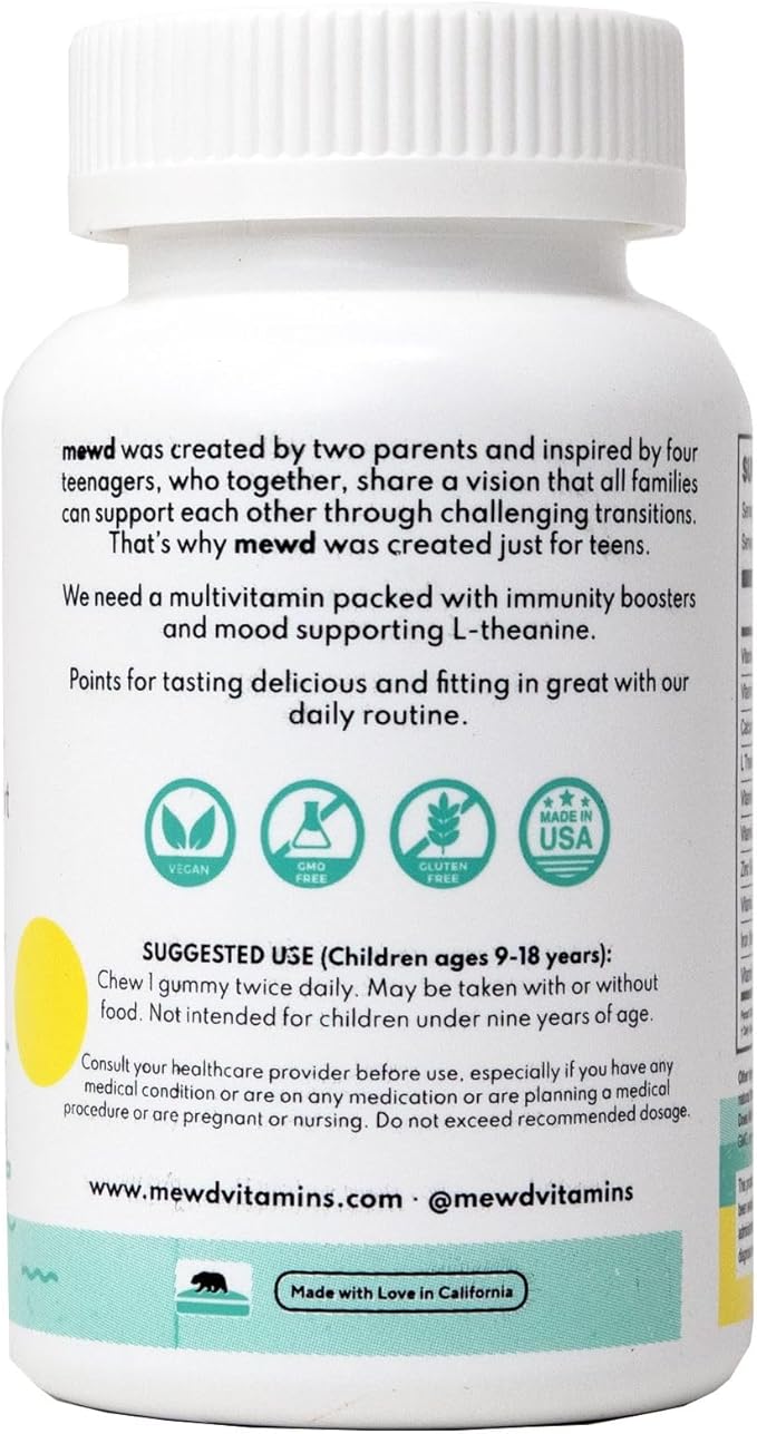 MEWD Adult Daily Multivitamin Gummy which Includes L-Theanine, Iron, Essential Vitamins, Vegan, Gluten Free, 60 Count