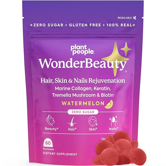 Plant People WonderBeauty Hair, Skin & Nails Rejuvenation Gummies with Tremella Mushroom, Marine Collagen Peptides, Keratin, & Biotin – Watermelon Flavor, 60 Gummies