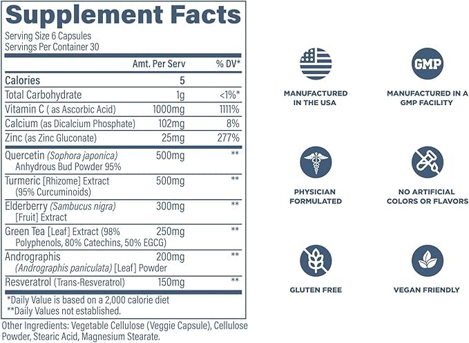 Revive MD Immune Defense, Immune Support Supplement - Immunity Health with Zinc, Elderberry, Vitamin C & Vitamins Booster for Men & Women - Vegan, Gluten-Free & Soy-Free - 180 Vegetarian Capsules