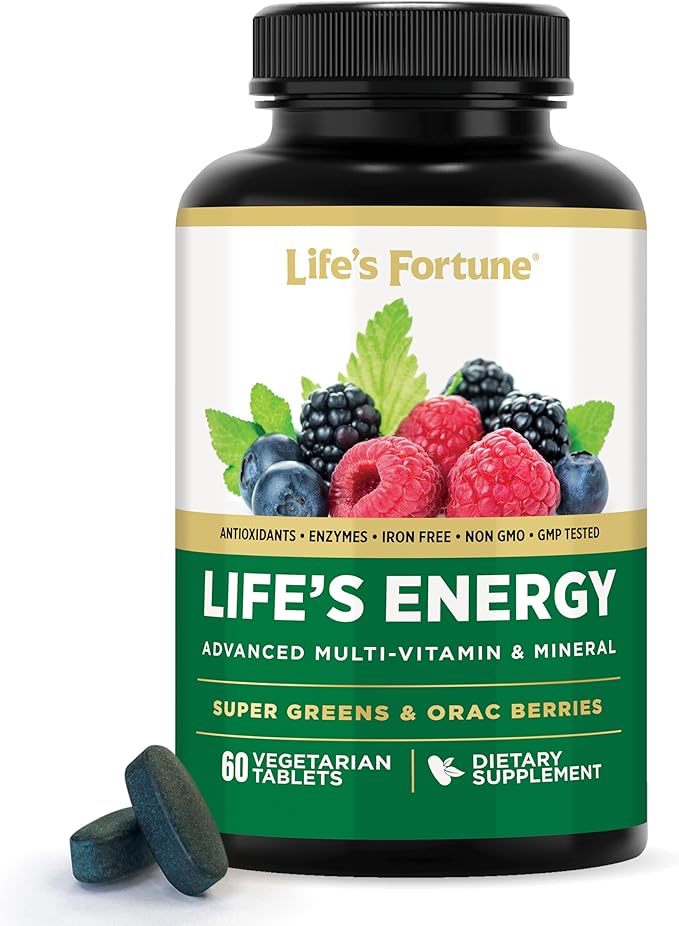 Life's Fortune Life's Energy Advanced Multi-Vitamin and Mineral for Men & Women, Non-GMO - Super Greens - ORAC Berries - AntiOxidants - Enzymes - Iron Free - GMP Tested, 60 Veggie Tablets