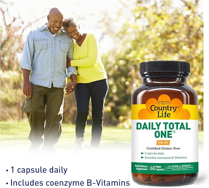 Country Life Daily Total One Multivitamin, Iron Free Once a Day Multivitamin & Multimineral Complex, Vitamins A, C, D, Including Coenzyme B-Vitamins, Supports Energy Metabolism, 60 Vegan Capsules