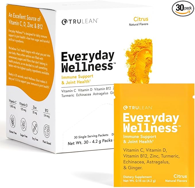 TRULEAN Everyday Wellness - All-in-One Immune Support, Wellness & Vitamin Shot, Vitamin-C, Turmeric, Ginger, Zinc, & Echinacea - No Artificial Ingredients, No Sugar & Gluten Free - 30 Packets