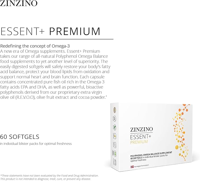 Essent+ Premium, Advanced Polyphenol Omega Balance with Fish Oil, Glycerin, Cold-Pressed Extra Virgin Olive Oil, Vitamin D - 60 Softgels