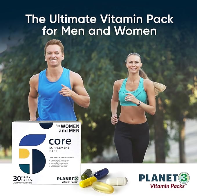 Planet 3 Vitamin Packs with Core Supplements | Heart, Eye and Immune Support with Elderberry Vitamin C and Zinc, Multivitamin, Omega 3, Vitamin D, Biotin, B12, Lutein, Daily Vitamins for Men and Women
