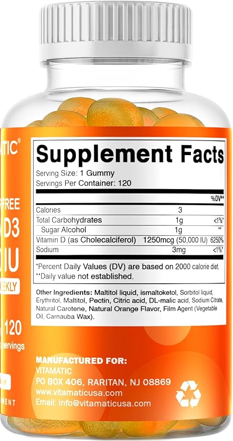 Vitamatic Sugar Free Vitamin D3 50,000 IU Weekly Supplement - 120 Pectin Based Gummies - Vitamin D Capsules for Bones, Teeth, and Immune Support (50000 IU)