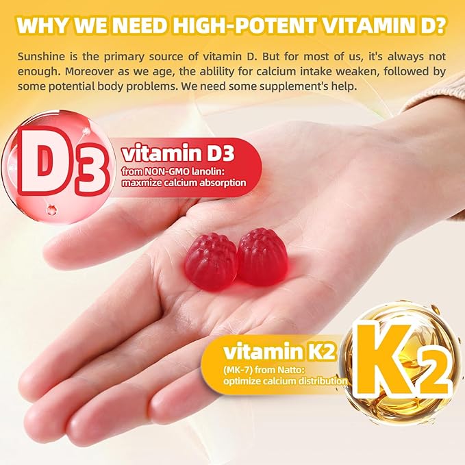 D3 K2 Vitamin 9000 IU Supplement Gummies for Women Adult Muscle Teeth Immune Support Sugar Free 90 Counts, Peach Flavor