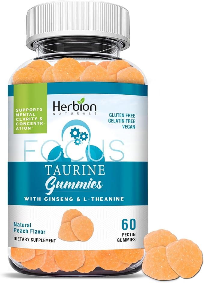 HERBION Naturals Taurine Gummies with Ginseng, L-Theanine, Vitamin C, B3, B6, & B12, Helps Support Mental Clarity & Concentration*, Natural Peach Flavor, Gluten-Free, 60 Pectin Gummies, Made in USA